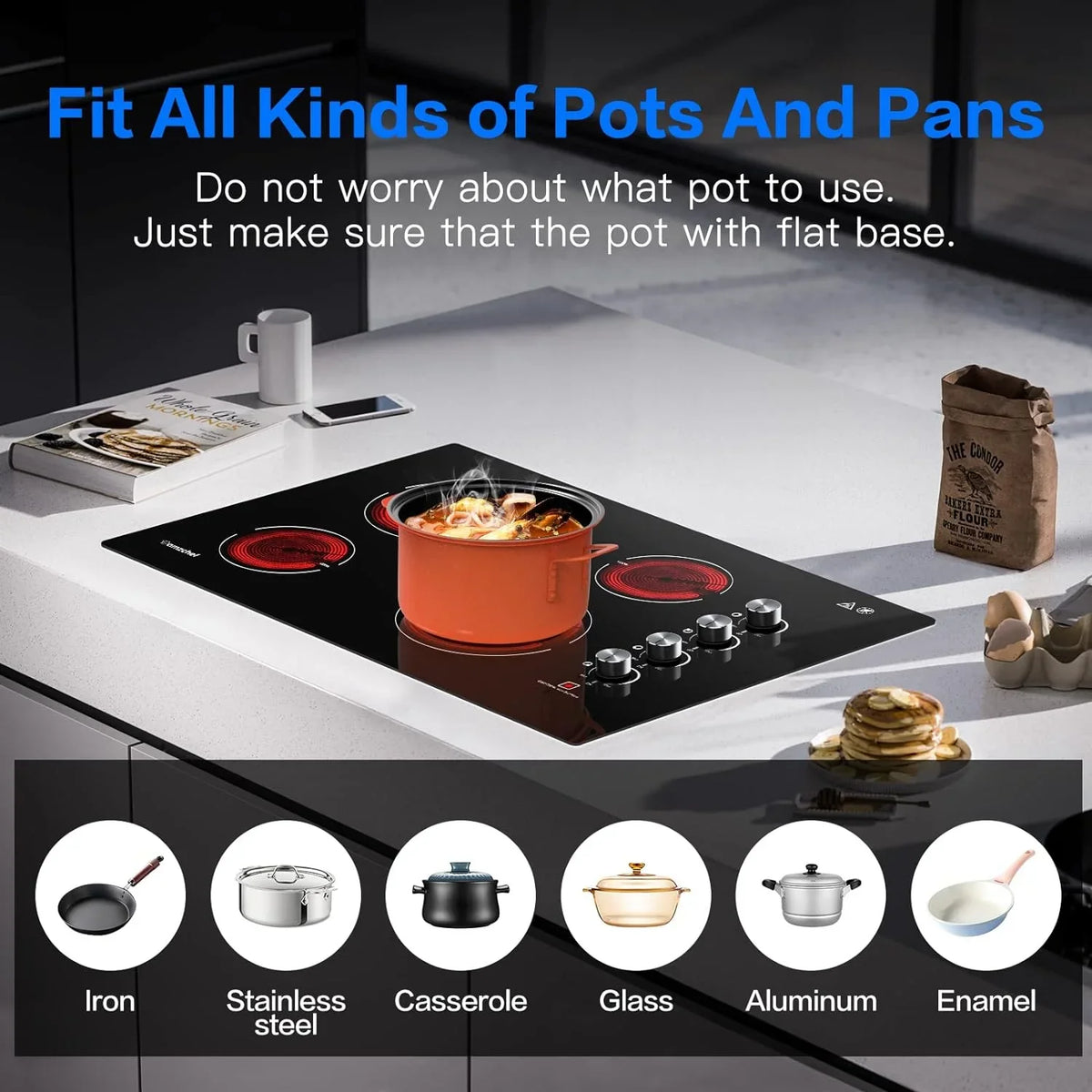 30 Inch Electric Cooktop Built-in Electric Burner with 4 Burners,  Safety Certified, 240V Power Control by Knob, 7000W Electric Stove with Hot Surface Indicator