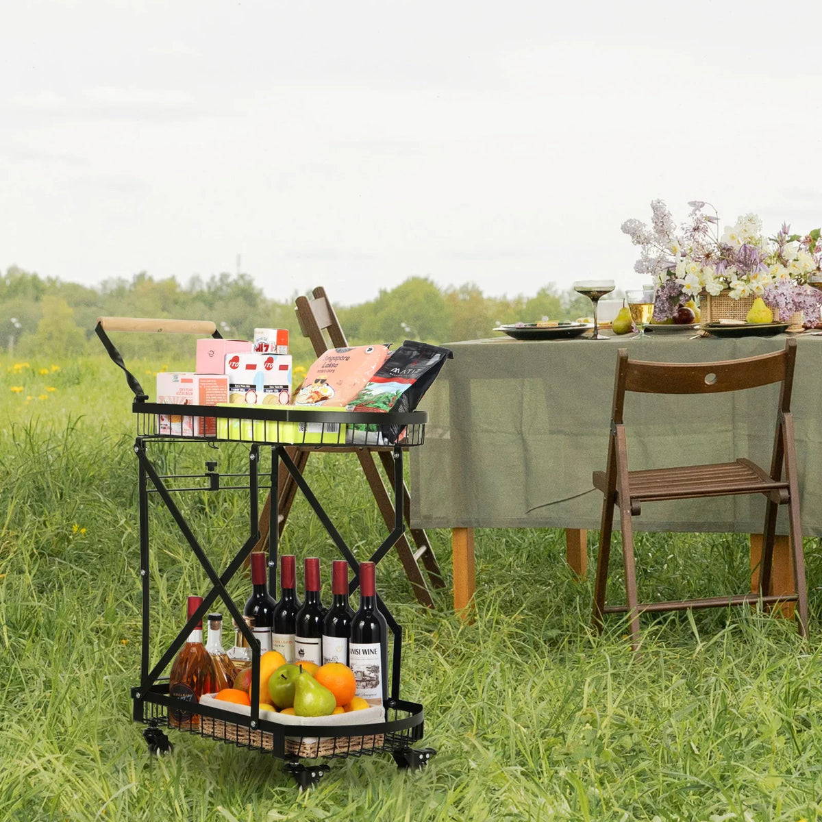 2-Tier Metal Rolling Utility Cart, Multifunction Storage Trolley