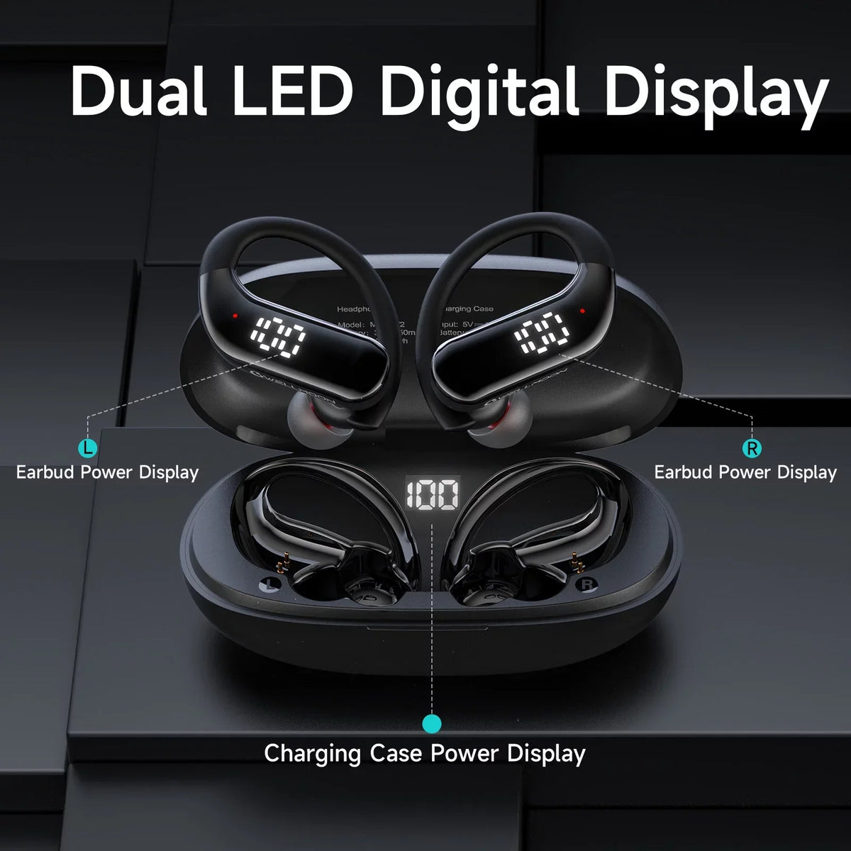 Bluetooth 5.3 Headphones Wireless Earbuds 100hrs Playtime Wireless Charging Case Digital Display Sports Ear buds with Earhook Premium Deep Bass Waterproof Over-Ear Earphones for  Phone Laptop Black