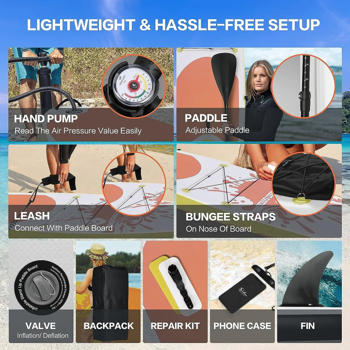 Inflatable Stand Up Paddle Board Simple Deluxe Premium  for All Skill Levels, Orange for Adults & Youth, Blow Up with Accessories & Backpack, Surf Control