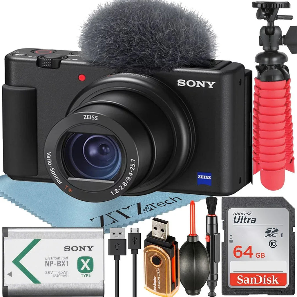Sony -1F Vlogging Camera (Black) with SanDisk 64GB Memory Card + ZeeTech Accessory Bundle